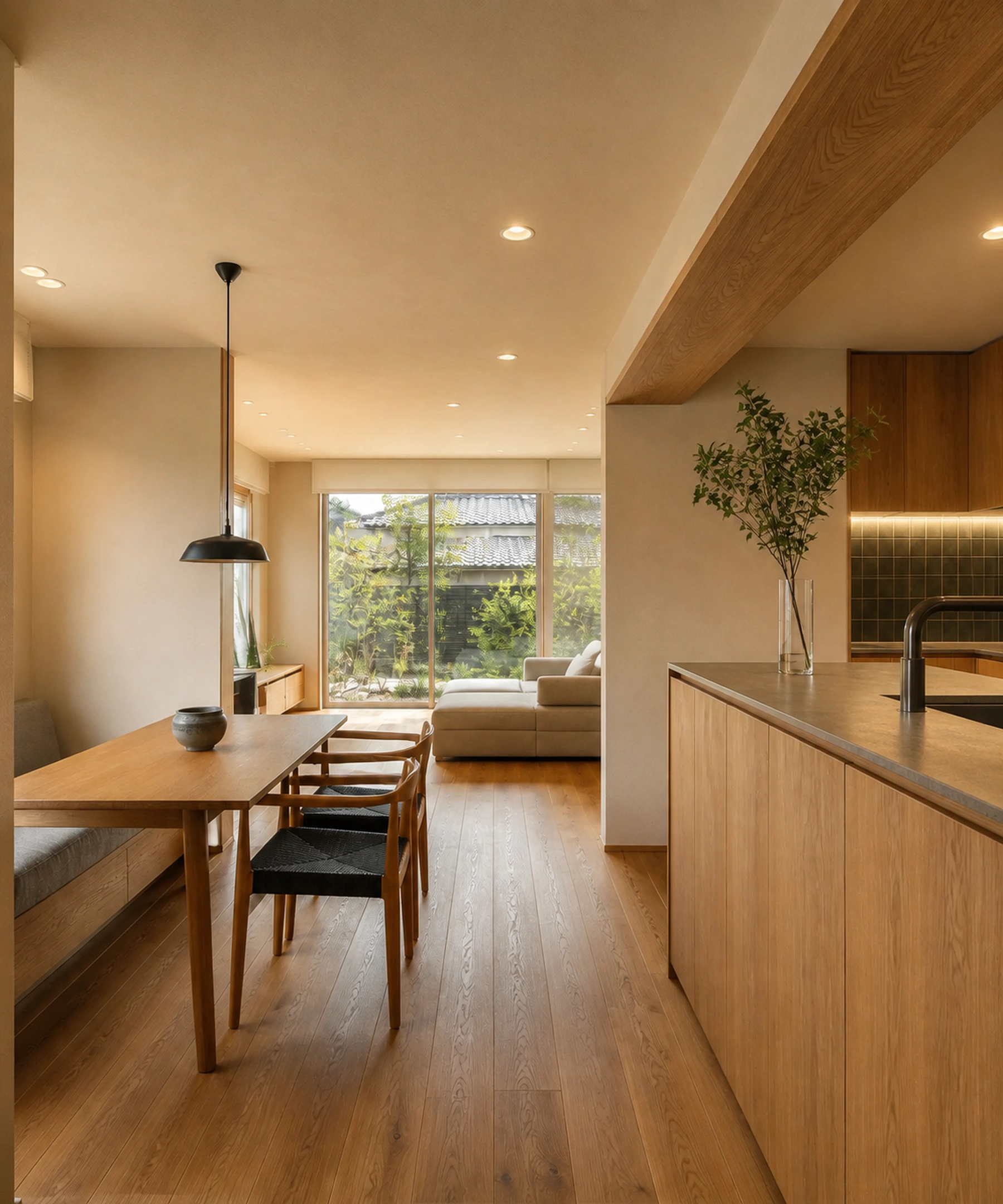 Interior residencial japonês renovado com madeira natural e luz acolhedora