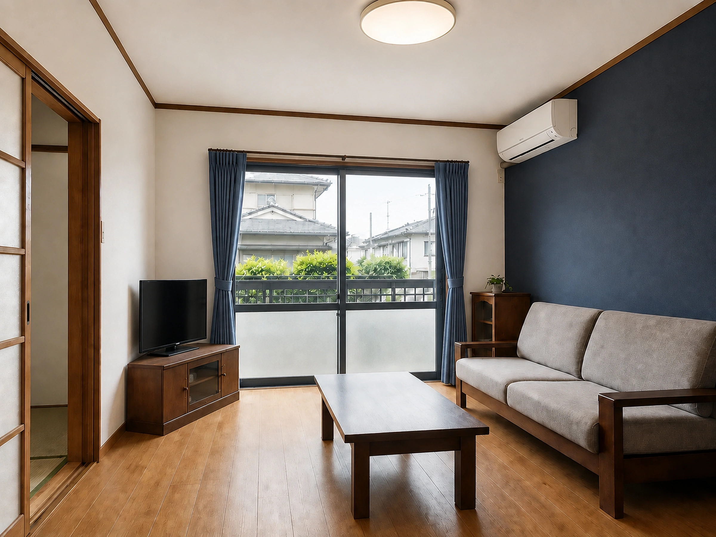 Sala renovada em Okazaki com acabamento contemporâneo e iluminação acolhedora