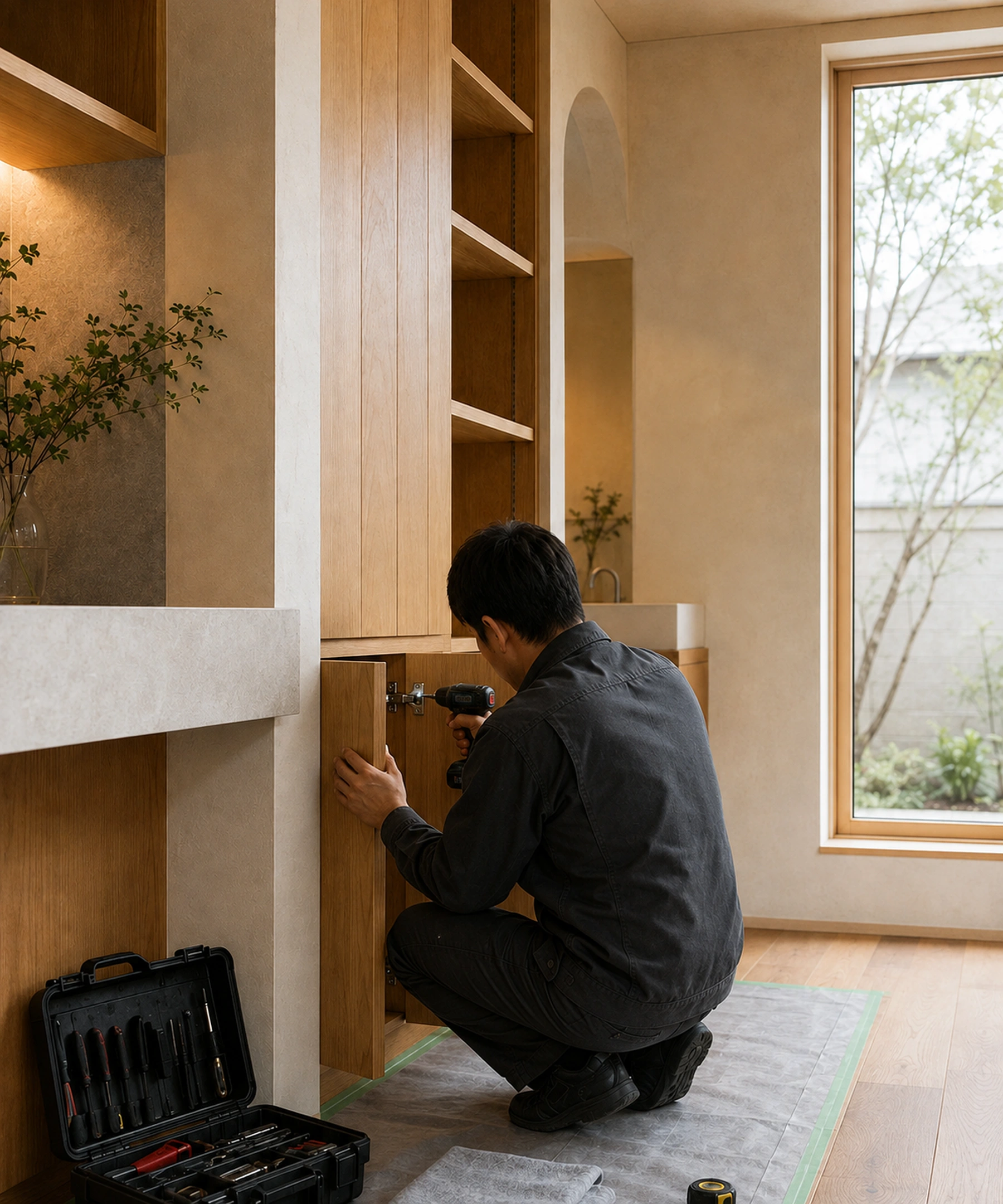 Profissional Takumi instalando marcenaria em uma residência japonesa reformada