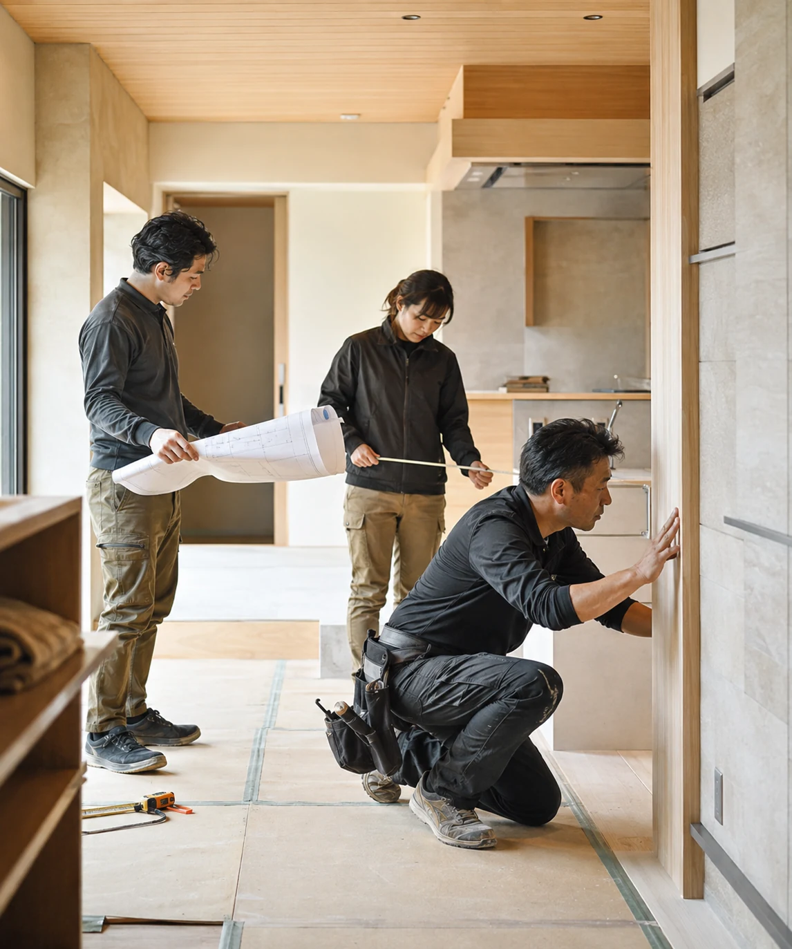 Equipe Takumi avaliando acabamentos durante uma reforma residencial